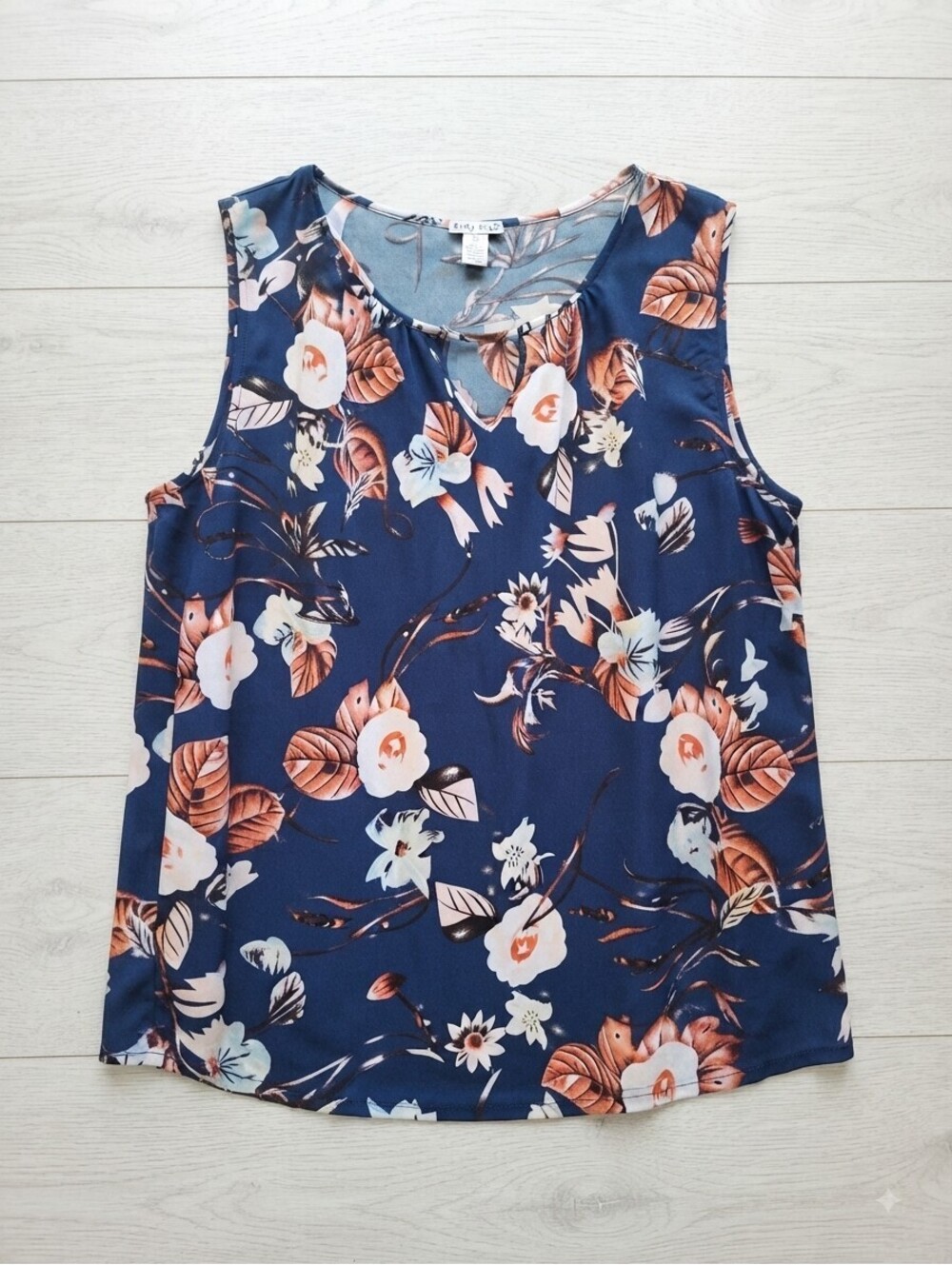 Emily Stacy Floral Sleeveless Blouse Tunic Keyhole Neck Gold Bar Detail Navy